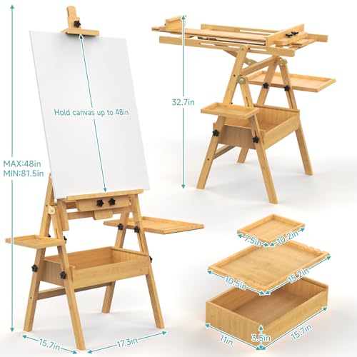 Solid Beech Wood H-Frame Easel with 2 Palette and Storage - color: Natural Wood
