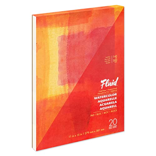 Fluid Watercolor Paper Fold Over Pad, 11 x 15 inches, 20 White Sheets 140 lb (300 GSM) Cold Press for Artist Painting and Wet Media - size: 11x15 Inches