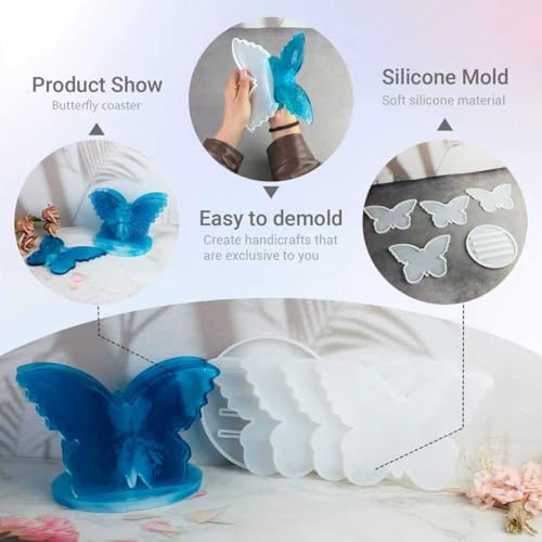 Butterfly Coaster Resin Mold Set, 5-Piece Silicone Casting Molds with Base for Table Decor, Dining Table Coffee red Wine Coaster Making Tools