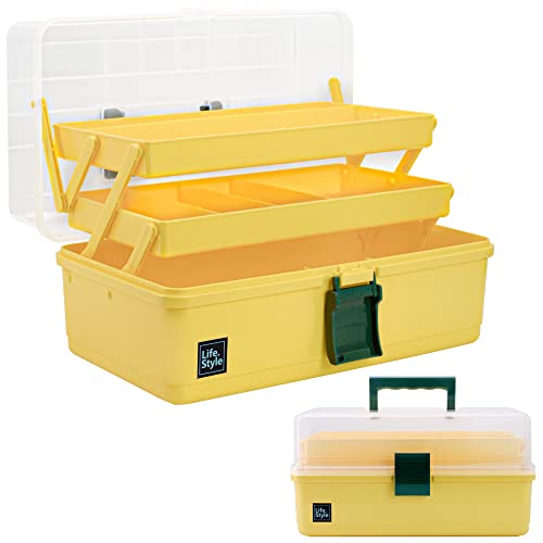 Creahaus 13 inch Art Craft Organizer Storage Box with 3 Layer, Multipurpose Plastic Tool Box with Handle for Sewing, Art Supply, Medicine, Nail, Hair Accessories (Yellow) - color: Yellow