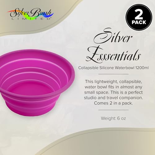 Silver Brush Limited Silver Essentials Brush Water Bowl, 1200ml/40.6oz | 2 Pack, Watercolor, Watermedia, Round, Reusable Artist Water Cup, Collapsible, With Carabiner Clip, Leak-proof, Silicone - size: 1200ml