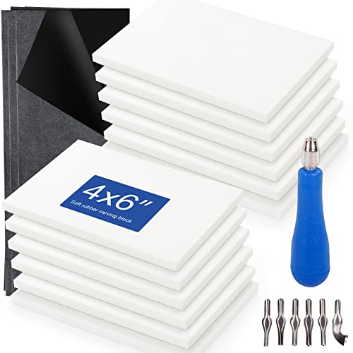 White Rubber Carving Blocks Printing Kit | Includes 6 Shaped Blades Cutting Tool,12 Pack Rubber Carving Blocks and 3 Carbon Papers for Printmaking, Stamps, Crafts - size: 4x6"(12 Pack) + Carving Tool