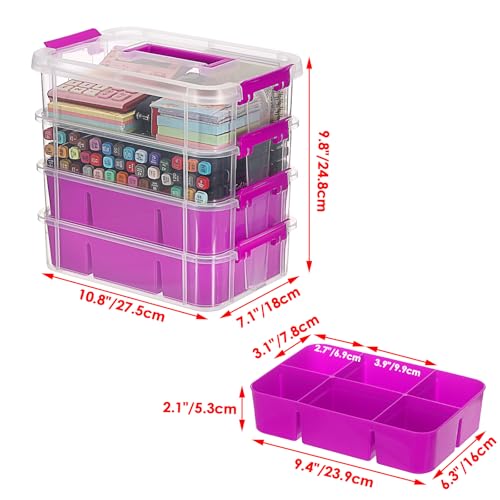 JUXYES 4-Tiers Plastic Stack Carry Storage Containers Box wih Handle Lids - color: Purple