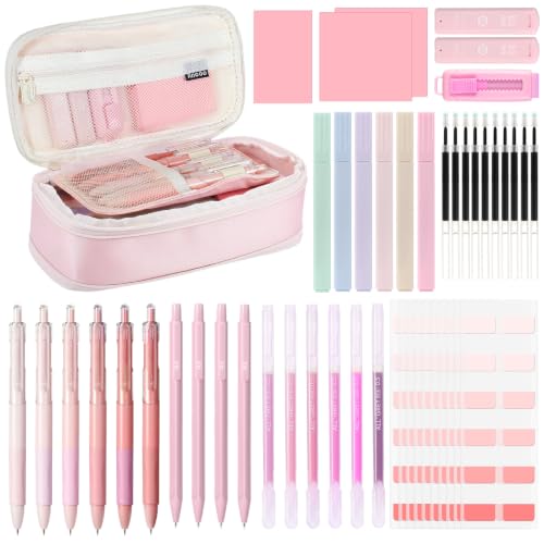 MoKo Pencil Case with Supplies, 49Pcs Aesthetic School Set, Pink | Includes gel pens, highlighters, 0.5 mm mechanical pencils and refills, an eraser, sticky notes and index tabs. - color: Pink-49P