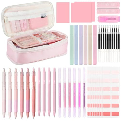 MoKo Pencil Case with Supplies, 49Pcs Aesthetic School Set, Pink | Includes gel pens, highlighters, 0.5 mm mechanical pencils and refills, an eraser, sticky notes and index tabs. - color: Pink-49P