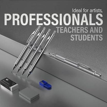 Mr. Pen- Metal Mechanical Pencil in Leather Case, 5 Pack, 5 Sizes, 0.3, 0.5 | 0.7, 0.9 & 2mm, 6x Tubes Lead Refill, Erasers & Sharpener for School Supplies, Note Taking, Drawing, Fathers Day Gift