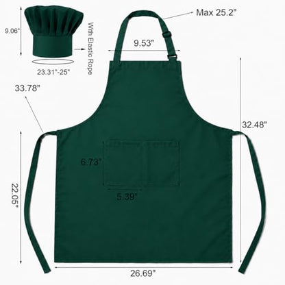 Tosewever Chef Apron Hat Set for Women and Men, Adjustable Bib Apron with 2 Pockets Costume Apron for Father Kitchen Cooking - color: Green