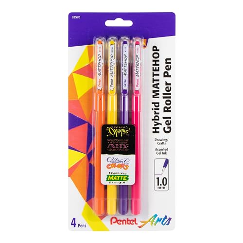 Pentel Arts Hybrid MATTEHOP Gel Roller, 1.0mm, Matte Orange, Matte Yellow, Matte Pink, Matte Violet, Pack of 4 Pens (K110VBP4M1) - color: Assorted 2