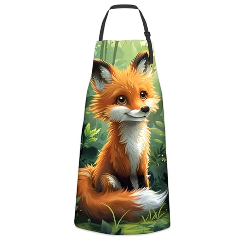 Cute Cartoon Fox Apron for Women Men, Cooking BBQ Chef Polyester Lightweight Lush Forest Background Aprons with Pockets for Baking Kitchen Gardening Cleaning, Adjustable Neck Strap, 28×33inch - color: Fox27