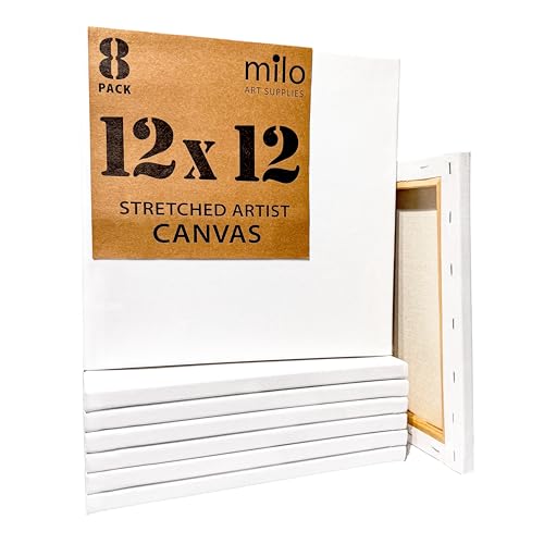 milo Stretched Artist Canvas, 12x12 inch, Value Pack of 8, Blank White | Primed & Ready-to-Paint Art Painting Supplies for Acrylic, Oil, Mixed Wet Media, & Pouring, 100% Cotton with Pine Wood Frame - size: 12" x 12"
