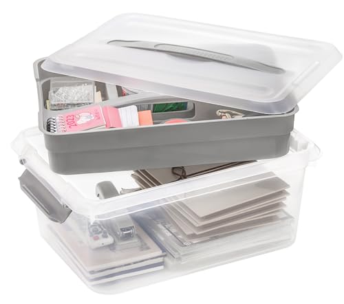 Yesland Portable Craft Storage Box with Removable Tray and Handle, 16x11x6.5 Inch Plastic Art Supply Organizer Container for Stationery, Sewing, Jewelry - Grey (Pack of 3) - size: 16 inches x 11 inches x 6.5 inches (Pack of 3)