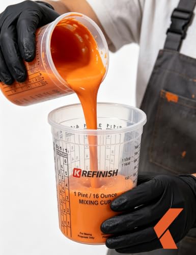 KREFINISH 16 OZ Paint Mixing Cups Graduated Disposable Clear Plastic Epoxy Measuring Cups (Box of 96 Cups & 12 Lids) Use for Automotive Painting, Resin, Acrylic, Arts, Pigments - Mixing Ratios - size: 16 Ounce