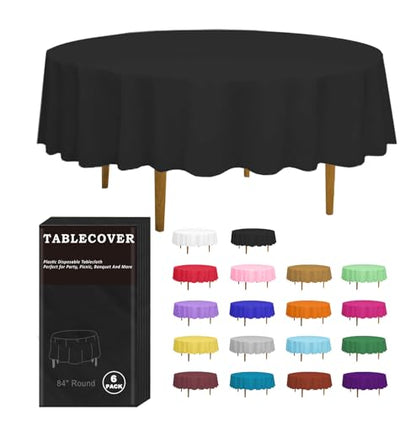 D&Z 6 Pack Black Disposable Plastic Tablecloth, 84" Round Table Cover - color: Black, size: 6 Pack 84" Round