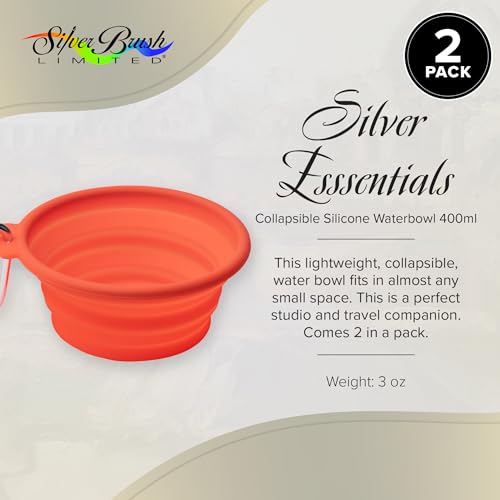 Silver Brush Limited Silver Essentials Paintbrush Water Bowl, 400ml/13.5oz | 2 Pack, Watercolor, Watermedia, Round, Reusable Artist Water Cup, Collapsible, With Carabiner Clip, Leak-proof, Silicone - size: 400ml