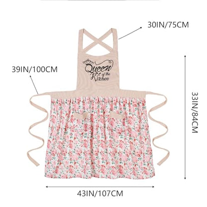 Cute Floral Apron for Women with Pockets, Cotton, Adjustable Straps - color: Pink