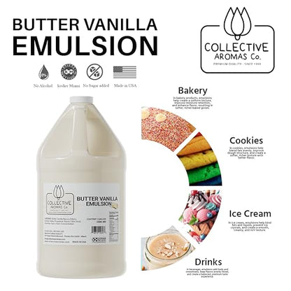 Collective Aromas Co. Butter Vanilla Emulsion for Baking, Concentrated Liquid Flavoring, Heat-Stable for Cakes, Cookies, Frosting & Desserts, 1 Gallon, Kosher, Made in USA - size: Butter Vanilla - 1 Gallon (128 fl oz)