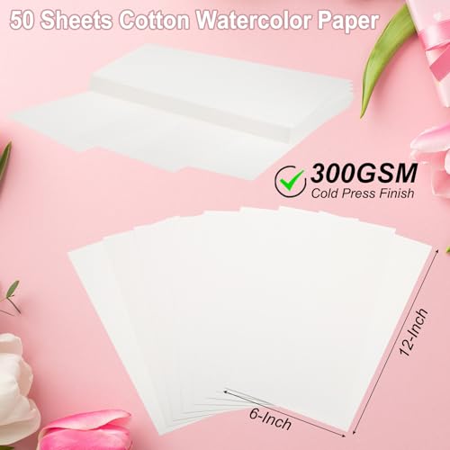 PATIKIL 50 Pcs Pure Cotton Watercolor Paper 140lb/300 GSM Water Coloring Paint Paper for Art Painting Watercolor Drawing Artist, 6x12 Inch - size: 6x12 Inch