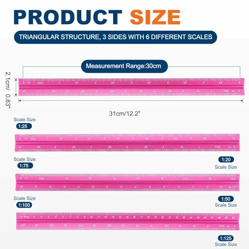 HARFINGTON 2 Pcs Architectural Scale Ruler, 12 Inch Metric Aluminum Alloy Architect Triangular Small Scale Laser-Etched Blueprint Drafting Ruler for Architects Engineers, Rose Red - color: Rose Red, size: 12 Inch
