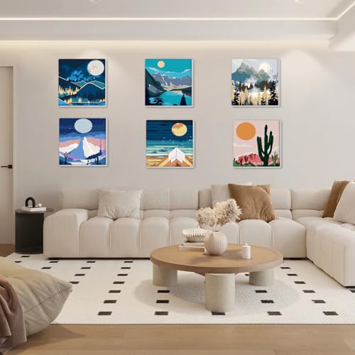 Bowetile 6 Pack Paint by Numbers for Adults Beginners Framed, Landscape Adults' Paint-by-Number Kits, Easy Adult Paint by Number Kits on Canvas, Acrylic Number Painting for Home Decor, 8x8in - color: 8x8in-6-Landscape-04