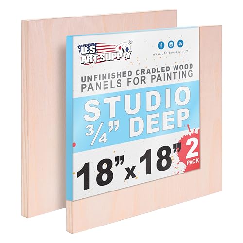 U.S. Art Supply 18" x 18" Unfinished Cradled Wood Panels for Painting, Studio 3/4" Deep (2 Pack) - Artist Depth Birch Wooden Wall Canvases - Mixed-Media Craft, Acrylic, Oil, Encaustic, Paint Pouring - size: 18" x 18", style: Square