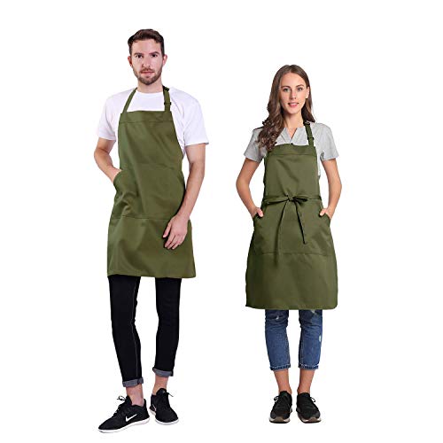 BIGHAS Adjustable Bib Apron with Long Ties for Women Men 18 Colors Chef Kitchen Cooking - color: Bronze Green