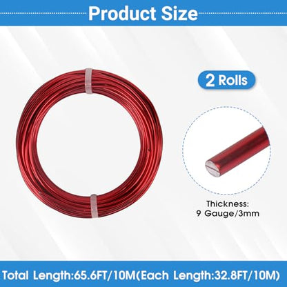 2 Rolls Aluminum Craft Wire, 9 Gauge (3mm) Flexible Metal Wire for Jewelry Making, 65.6 Ft (32.8 Ft/Roll) Bendable Armature Wire for Bonsai, Sculpting and DIY Crafts [Red] - size: 9Gauge 32.8Ft Each, style: Red