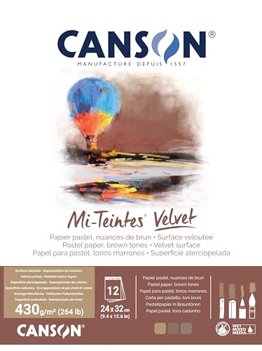 Canson Mi-Teintes Velvet Drawing Paper Pad, Brown Tones, Assorted Colors, Glue Binding, (260lb/430g), 12 Sheet, 9.4x12.6 inch, 1 Count - color: Brown Tones, size: 24x32cm