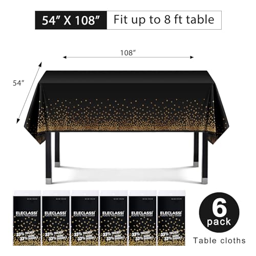 Eleclassi Black and Gold Dot 6 Pack Premium Disposable Plastic Tablecloth 54 x 108 in - Polka Dot Plastic Table Cloth Disposable Tablecloth for Rectangle Table up to 8 Feet - color: Black With Gold Dot