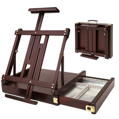 MEEDEN Studio Sketchbox Table Easel with Metal Lined Drawer - Adjustable Solid Beech Wood Tabletop Easel & Sketchbox Artist Easel with Storage, for Studio or Plein Air - Holds Max 34", Deep Walnut - color: Deep Walnut