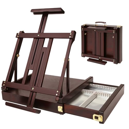 MEEDEN Studio Sketchbox Table Easel with Metal Lined Drawer - Adjustable Solid Beech Wood Tabletop Easel & Sketchbox Artist Easel with Storage, for Studio or Plein Air - Holds Max 34", Deep Walnut - color: Deep Walnut