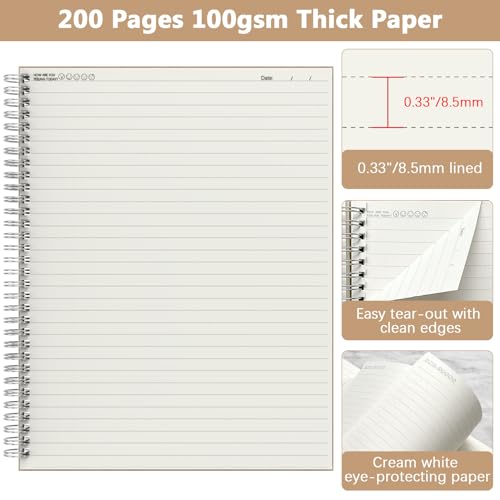 A4 Lined Spiral Notebook, 2 Pack Large Spiral Journal for Writing, 200 Pages 100gsm Thick Lined Paper Notebooks for Work, Class, Taking Notes, Drawing - Kraft Brown Cover, 8.5" x 11" - color: Lined