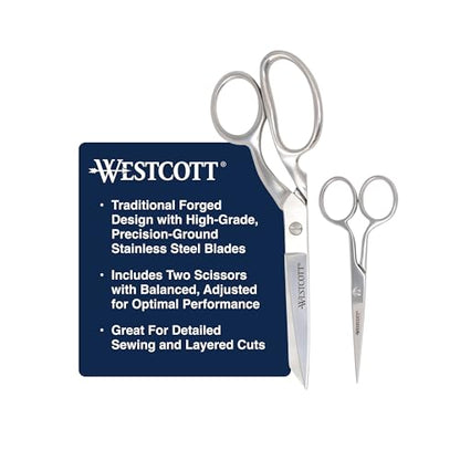 Westcott Forged 8in & 5in Scissors for Fabric and Paper Crafts, 2-Pack, Detail Snips and Heavy Duty Shears, Dressmaker Shears for Sewing, Tailoring, Quilting, Art, Office - size: 8-Inch & 5-Inch