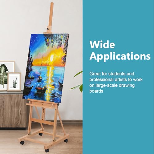 Beechwood H-Frame Artist Studio Easel with Wheels and Storage Tray, Natural | Adjustable Floor Easel Stand Holding Canvas up to 51Inches for Painting - style: Natural