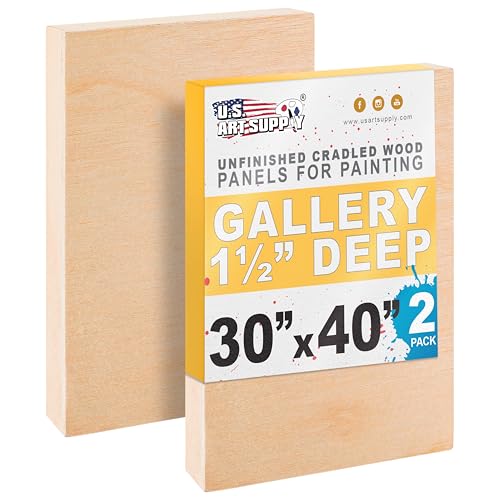 U.S. Art Supply 30" x 40" Unfinished Cradled Wood Panels for Painting, Gallery 1-1/2" Deep (2 Pack) - Artist Depth Wooden Wall Canvases - Mixed-Media Craft, Acrylic, Oil, Encaustic, Paint Pouring - size: 30" x 40"