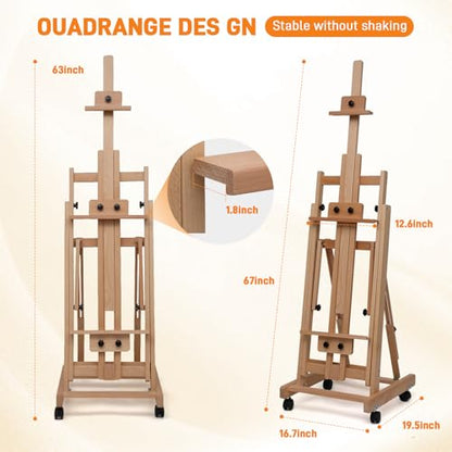 Foldable Large H-Frame Easel, Multi-Functional Adjustable Artist Easel, Large Easel for Painting, Adjustable in Angle and Height, Capable of Accommodating Two Canvases and Sketches, Home Art Creation