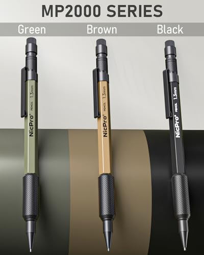 Nicpro 3 PCS 1.3 mm Mechanical Pencil Set with 48 Lead Refill, 3 Eraser | MP2000 3 Color Weatherproof Metal Barrel, Heavy Duty Carpenter Pencil for Outdoor Construction Marking Drafting and Drawing - style: 3 Pack (Black Green Brown)