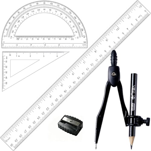 Plastic Geometry Math Set,12 Inch Ruler,Compass,Pencil,Protractor Square | Sharpener Set for Student School Office