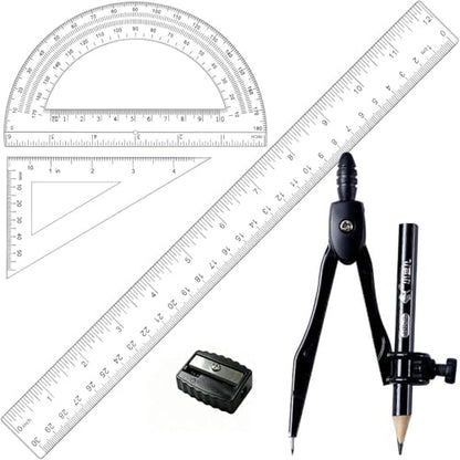Plastic Geometry Math Set,12 Inch Ruler,Compass,Pencil,Protractor Square | Sharpener Set for Student School Office