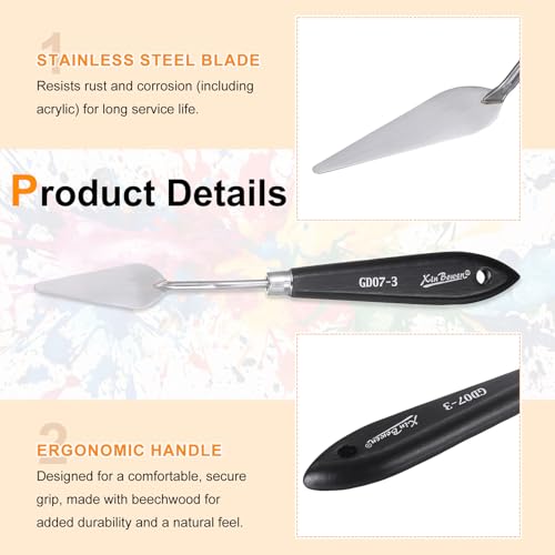 HARFINGTON Palette Knife Painting Tool 8.07" Stainless Steel Pointed Blade Spatula Painting Pallet Knife with Hole Design Beech Wood Handle for Oil Canvas, Black/Silver - size: 8.07" x 2.24" x 0.79"