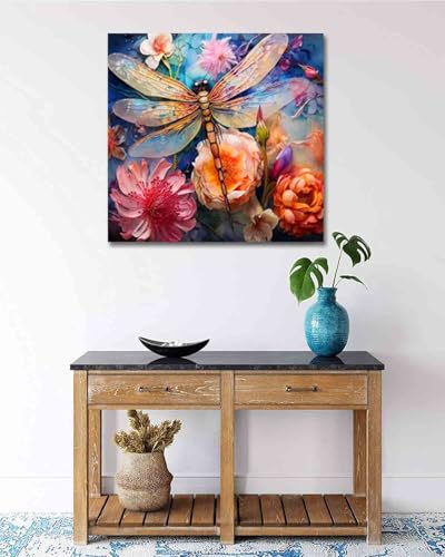 TOCARE Framed Paint by Numbers Kit for Adults Beginners,12x12inch Dragonfly Paint by Number with Frame,Flowers Paint by Numbers Framed Canvas(Without Easel) - color: TC-F-225