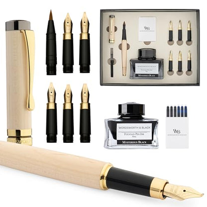 Wordsworth & Black Luxury Bamboo Maple Calligraphy Pen Set, 6 Nibs | Fountain Ink Bottle, Cartridges , Refill Converter, Gift for Men , Women, Smooth Writing, Journaling , Lettering - color: Maple Wood