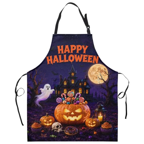Happy Halloween Aprons Candy Lollipop Cupcake Jack-O-Lantern Kitchen Apron with 2 Pockets Ghost Castle Cooking Apron with Adjustable Neck Strap for Baking Crafting Gardening - color: Halloween-candy Pumpkin