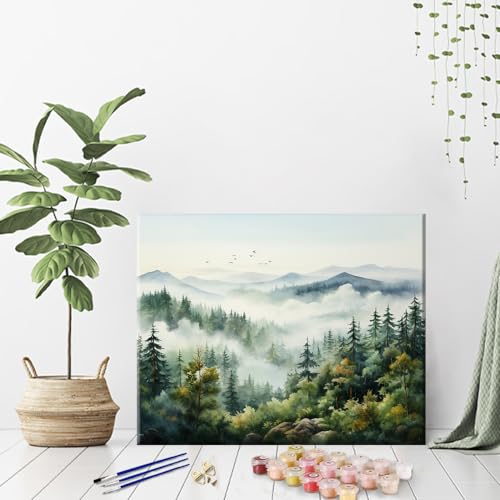 TFIAVSIN Paint by Numbers for Adults Foggy Mountain Landscape Painting by Numbers for Adults Pine Trees and Birds Adult Paint by Number Kits Unique Gift for Adults, 16"x20"(Frameless)