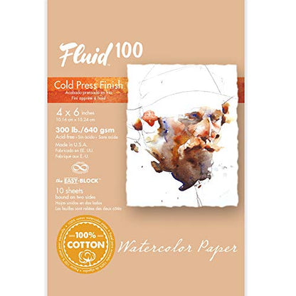 Fluid 100 Watercolor Paper Block, 4 x 6 inches, 10 Sheets, 300 lb (640 GSM) 100% Cotton Cold Press Pad for Artist Painting and Wet Media - size: 4 x 6 (300 lb)