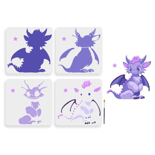 MAYJOYDIY 4pcs Layered Dragon Stencils 11.8×11.8inch Large Cartoon Dragon Stencil with Paint Brush Reusable Cute Little Animal Stencil for Craft Windows Wood Wall Tile Canvas Fabric Floor - color: Layered Dragon