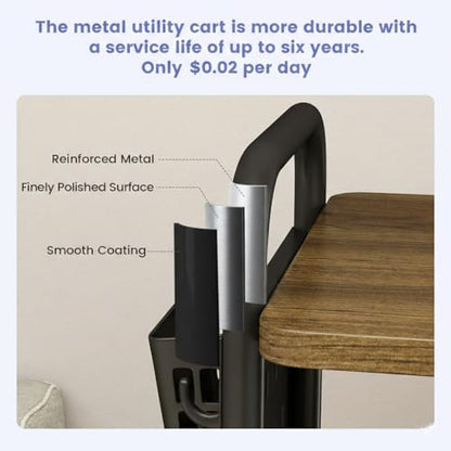 3 Tier Rolling Cart, Metal Storage Cart with Wooden Tabletop, Storage Cart with DIY Pegboards & Locked Wheels, Hooks & Hanging Cups for Any Room, Black - color: Black