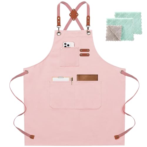 ZOMAO Chef Apron for Women Men with Large Pockets, Cotton Canvas Cross Back Waterproof Work Aprons for Kitchen Cooking Bib - color: Lightpink