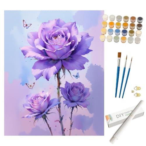 Botanical Paint by Numbers Kit for Adults - DIY Purple Rose Flowers with Butterflies Painting Rolled on Canvas 16x20 Inches, Acrylic Paint Set for Beginners, Art for Home Decoration or Gifts - color: HSX00318, size: 16X20IN Rolled