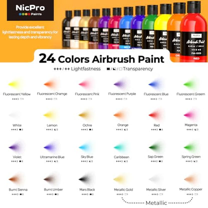Nicpro 24 Colors Large Airbrush Paint (8.45 oz, 250 ml), Ready to Spray | Airbrush Paint Set, Opaque Water-Based Acrylic Air brush Paints Bulk for Model, Metal, Plastic, Wood, Canvas, with 1 Thinner - size: 8.45 Fl Oz (Pack of 25)
