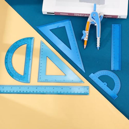 Zonon 1 Set Plastic Geometry Math Set 7 Pcs Includes 6'' / 4 '' Protractor, Drawing Compass, 45/60 Degree Triangle Rulers, 12'' / 6'' Math Ruler Transparent for Office Supplies(Blue) - color: Blue